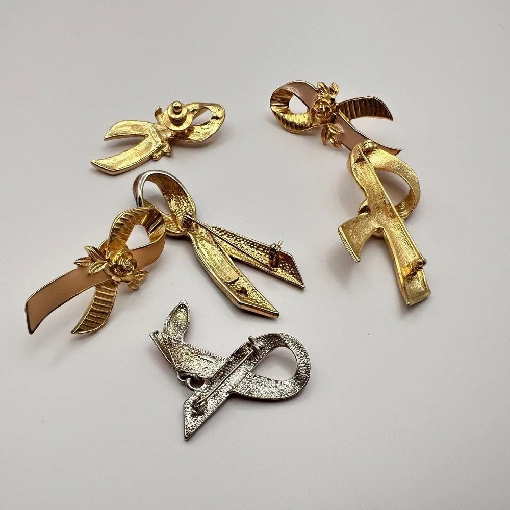 Vintage‎ 90s Awareness Ribbon Enamel Gold Tone Brooch Pins Set Classic Jewelry
